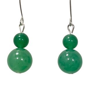 Green Jade Stone Earrings Silver Plated Dangle Round Bead Malaysian 6 10mm